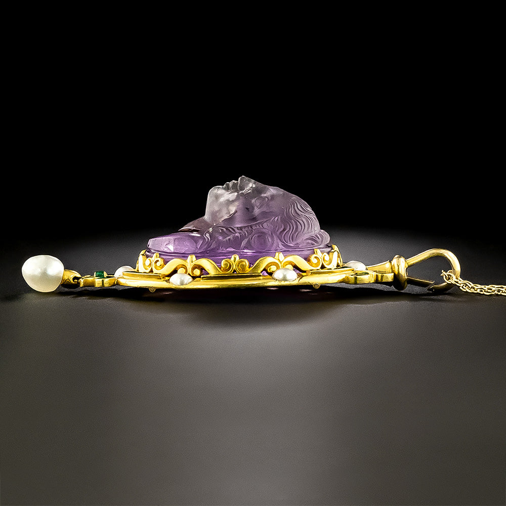 Victorian Carved Amethyst Cameo, Pearl and Enamel Pendant - 3