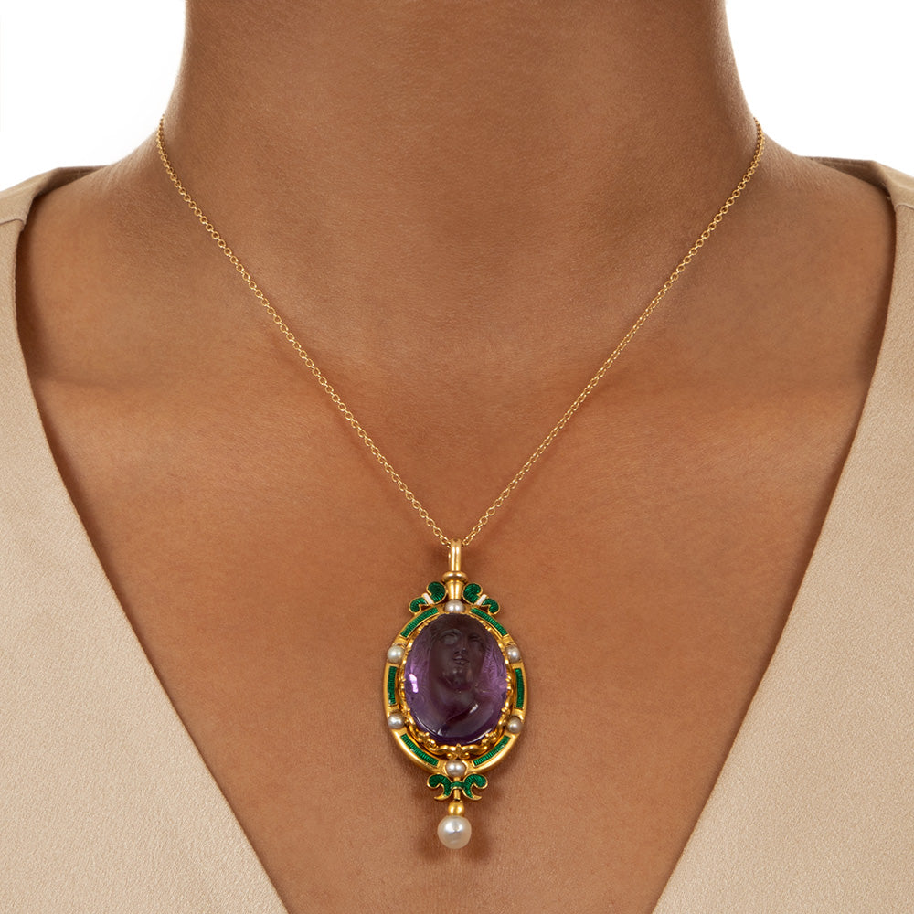 Victorian Carved Amethyst Cameo, Pearl and Enamel Pendant - 4