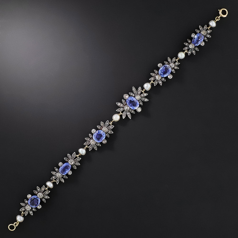 Victorian Ceylon Sapphire, Diamond and Natural Pearl Bracelet  - 3