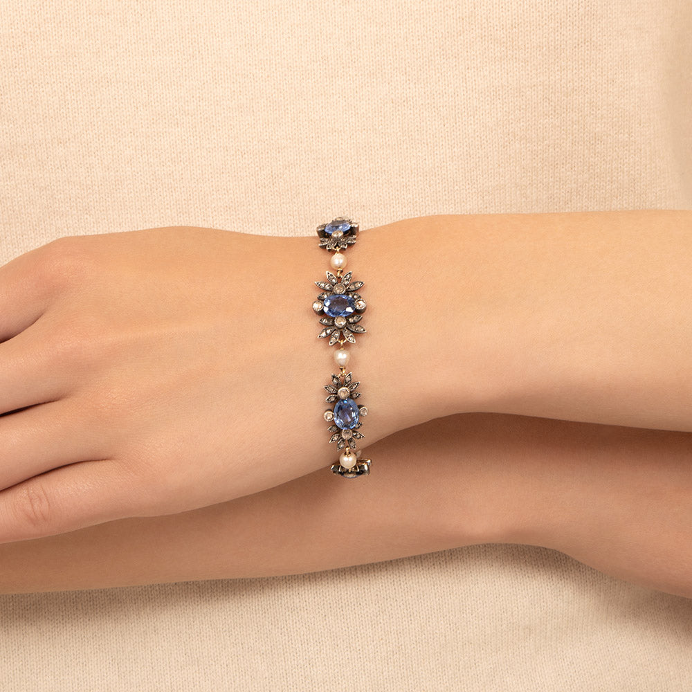 Victorian Ceylon Sapphire, Diamond and Natural Pearl Bracelet  - 5