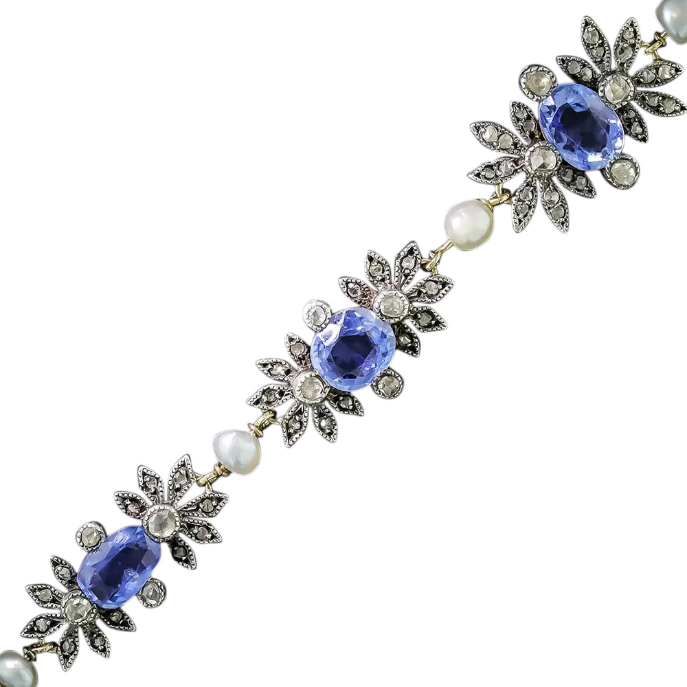 Victorian Ceylon Sapphire, Diamond and Natural Pearl Bracelet  - 4