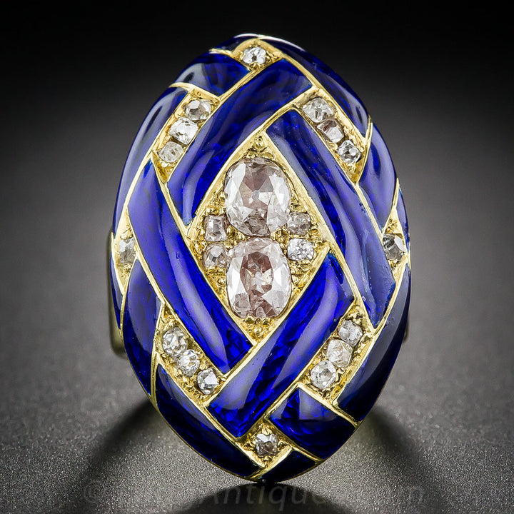 Victorian Cobalt Enamel Diamond Locket Ring, Size 6 1/2