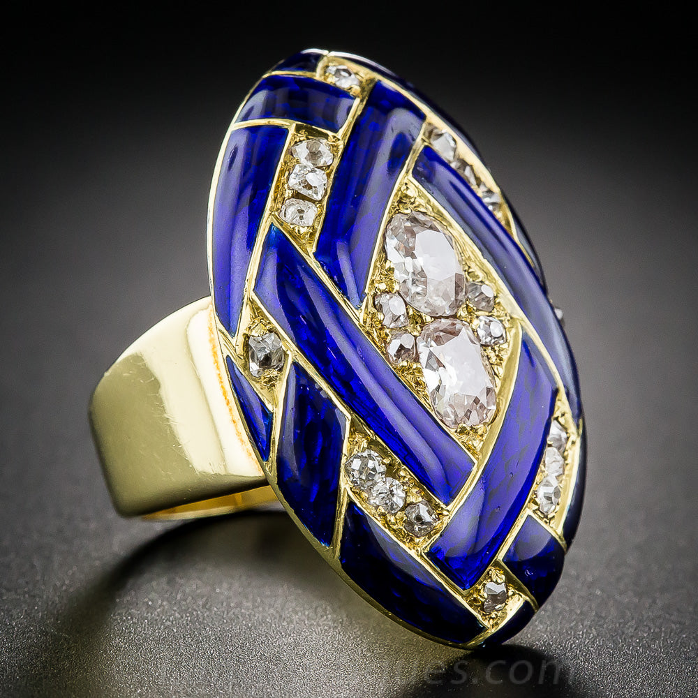 Victorian Cobalt Enamel Diamond Locket Ring, Size 6 1/2 - 2