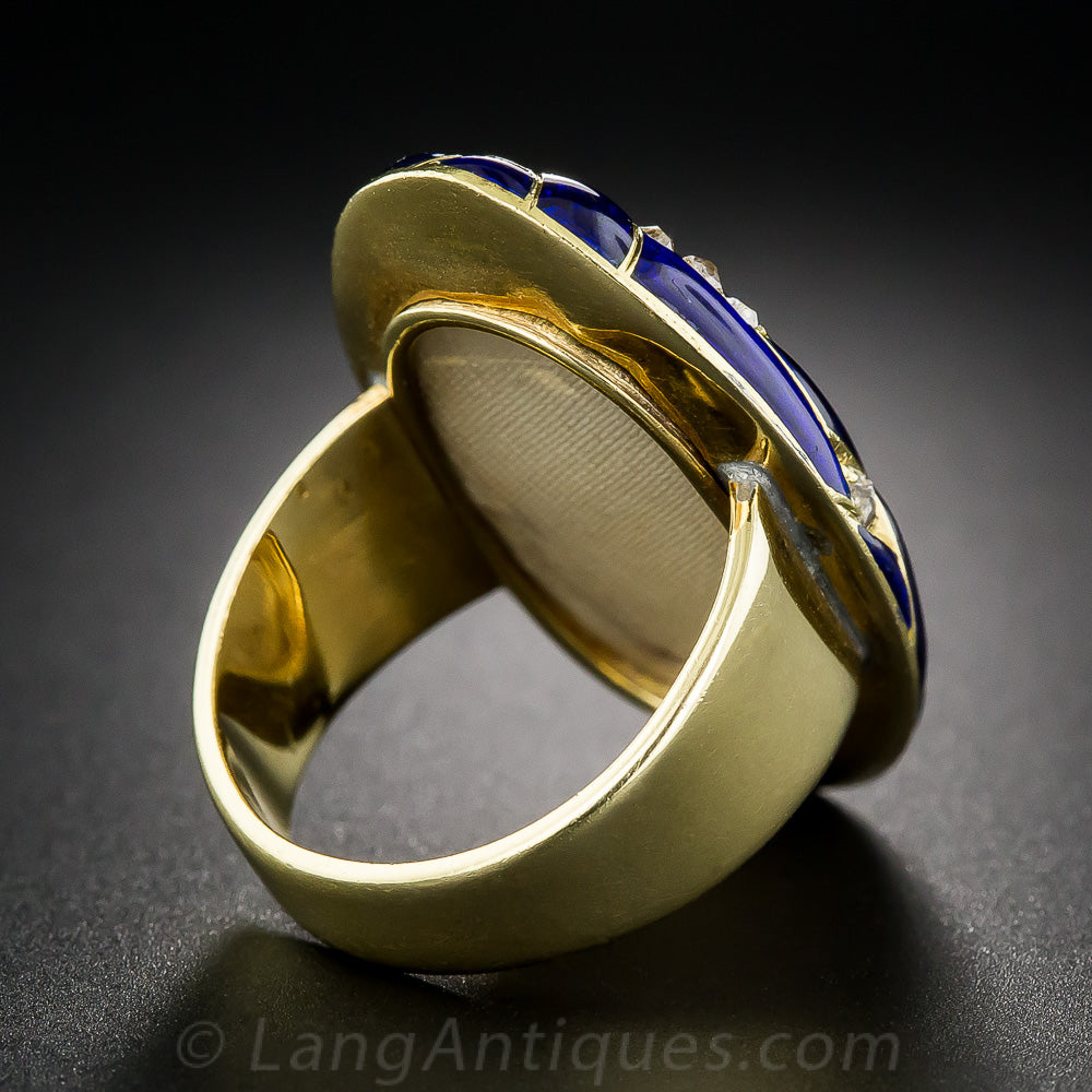 Victorian Cobalt Enamel Diamond Locket Ring, Size 6 1/2 - 4