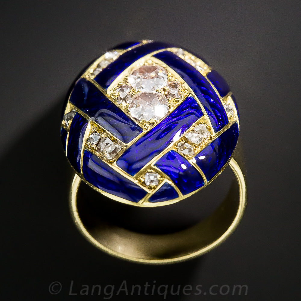 Victorian Cobalt Enamel Diamond Locket Ring, Size 6 1/2 - 6