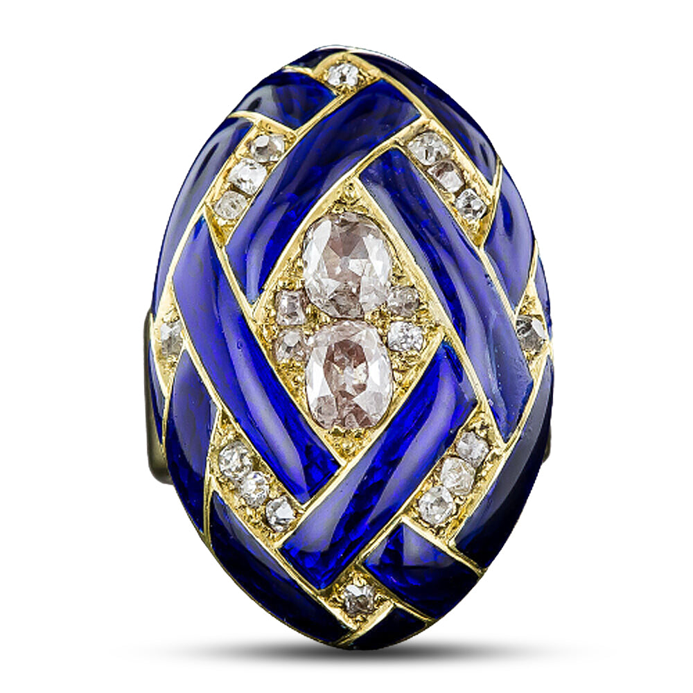 Victorian Cobalt Enamel Diamond Locket Ring, Size 6 1/2 - 7