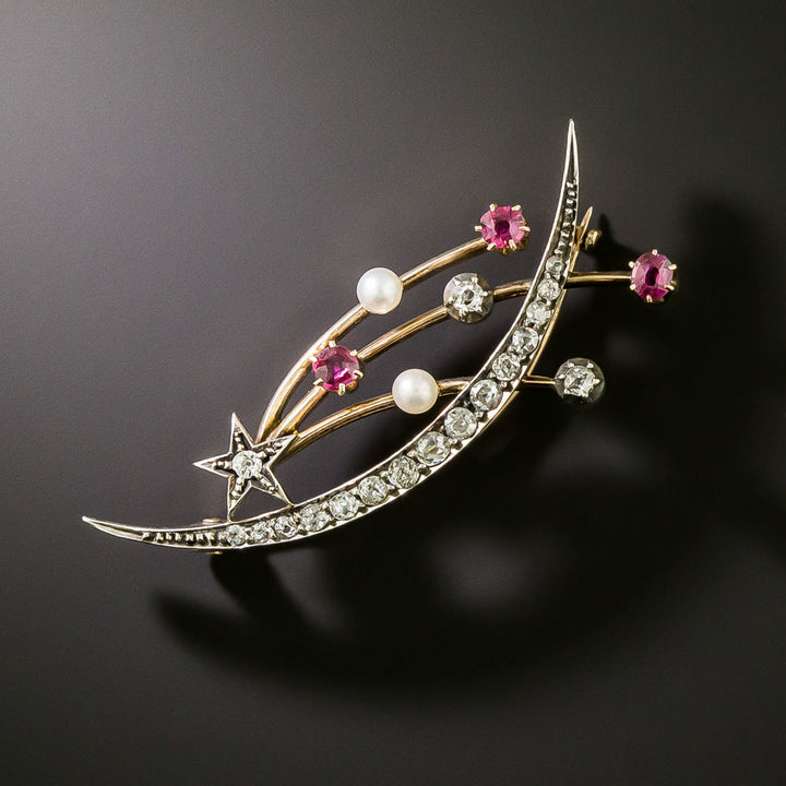 Victorian Comet and Crescent Moon Ruby and Diamond Brooch