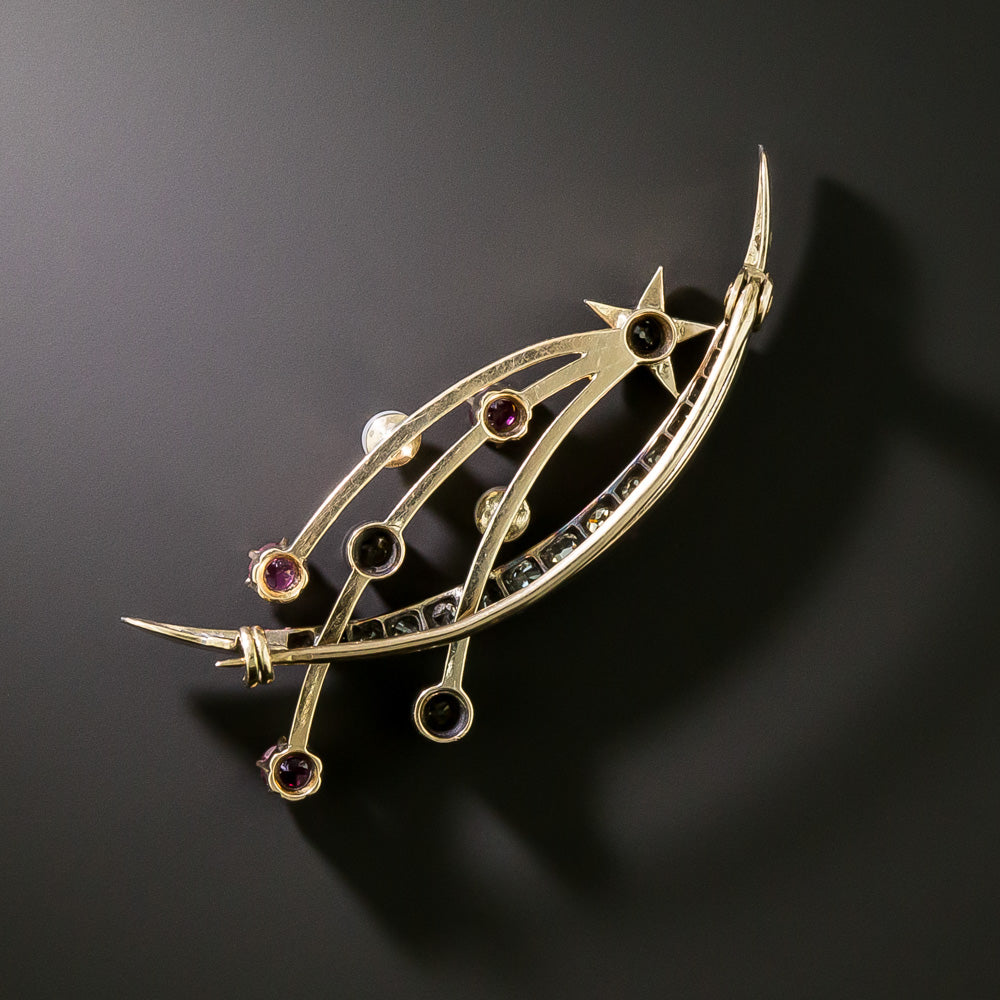 Victorian Comet and Crescent Moon Ruby and Diamond Brooch - 3