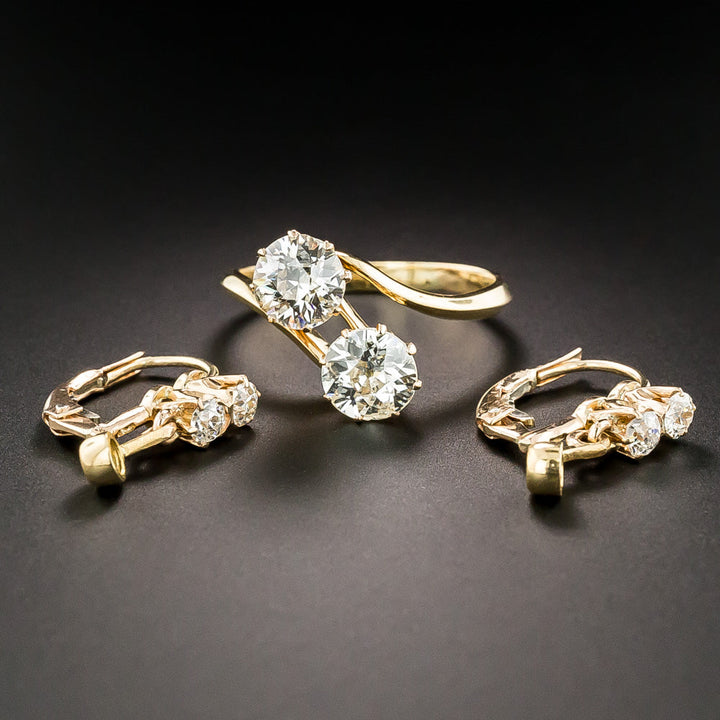 Victorian Convertible Diamond Earrings and Diamond Bypass Ring