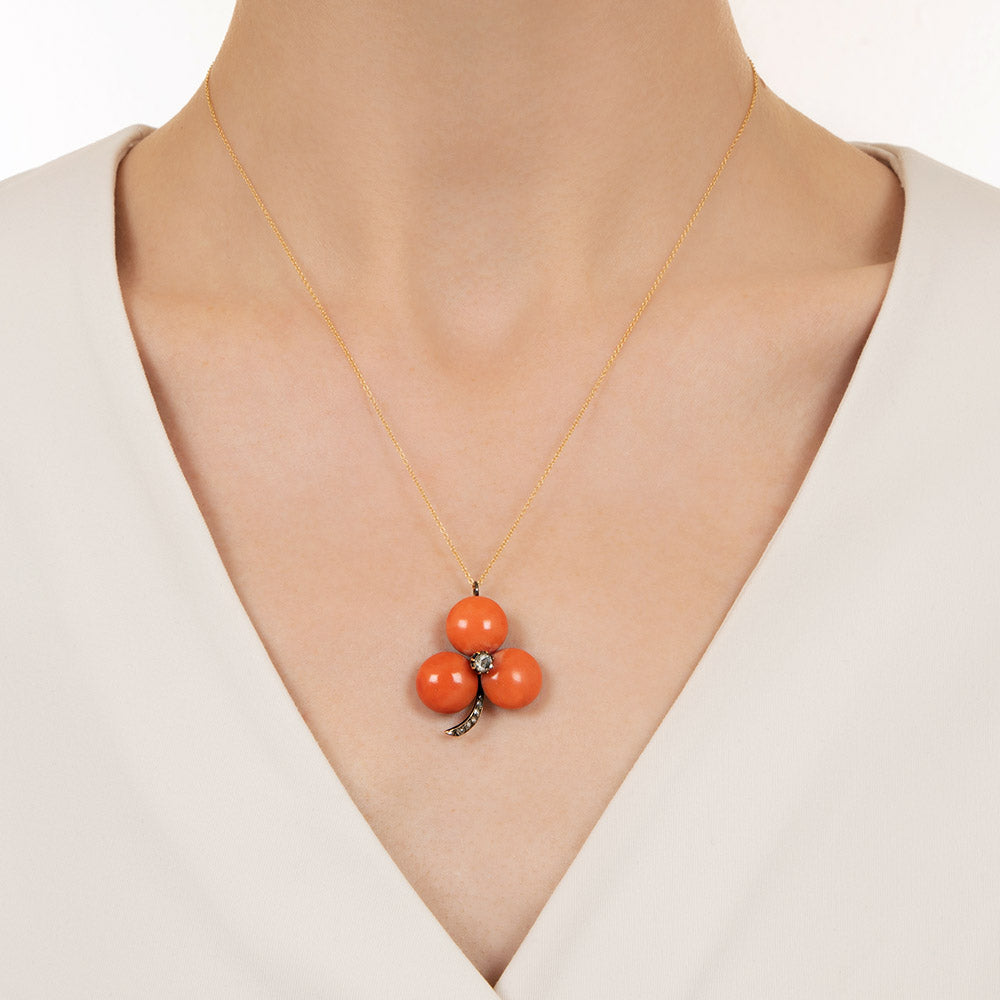 Victorian Coral and Diamond Three-Leaf Clover Pendant - 3