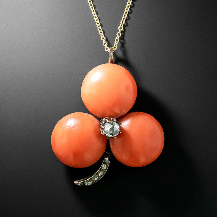 Victorian Coral and Diamond Three-Leaf Clover Pendant