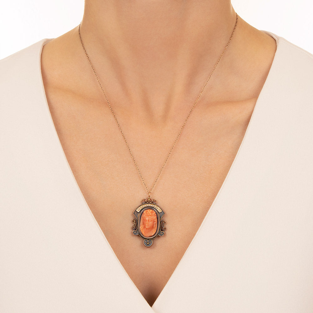 Victorian Coral Cameo and Seed Pearl Pendant - 4