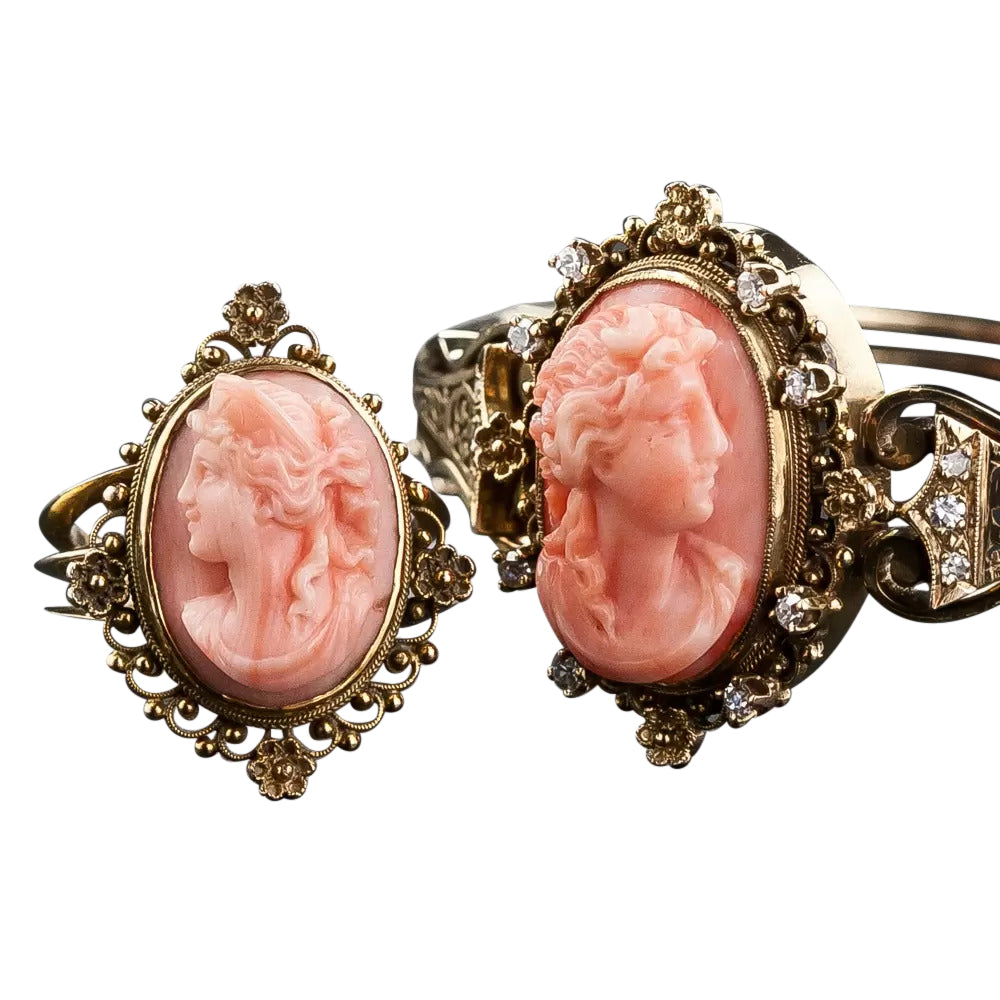 Victorian Coral Cameo Bracelet and Ring - 11