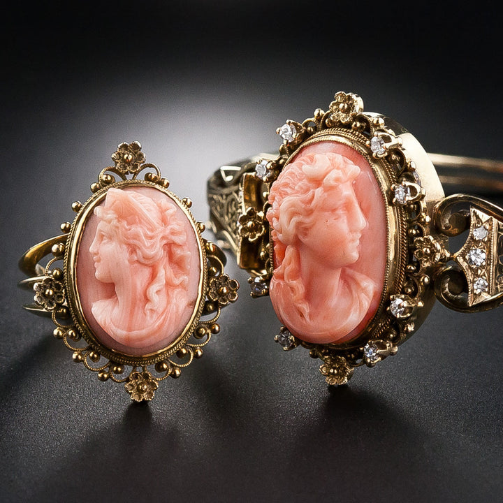 Victorian Coral Cameo Bracelet and Ring