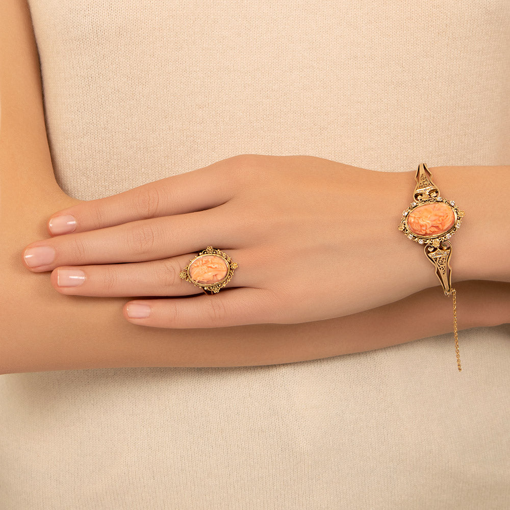 Victorian Coral Cameo Bracelet and Ring - 13