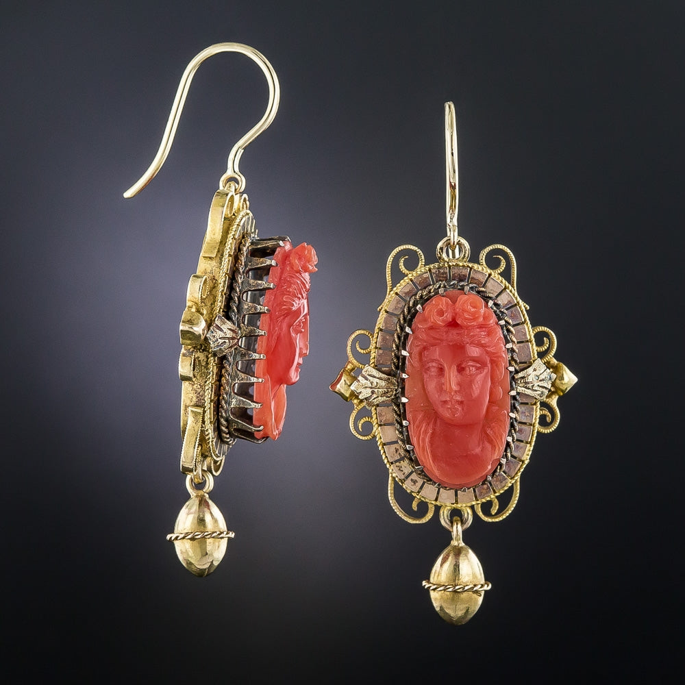 Victorian Coral Cameo Earrings - 3
