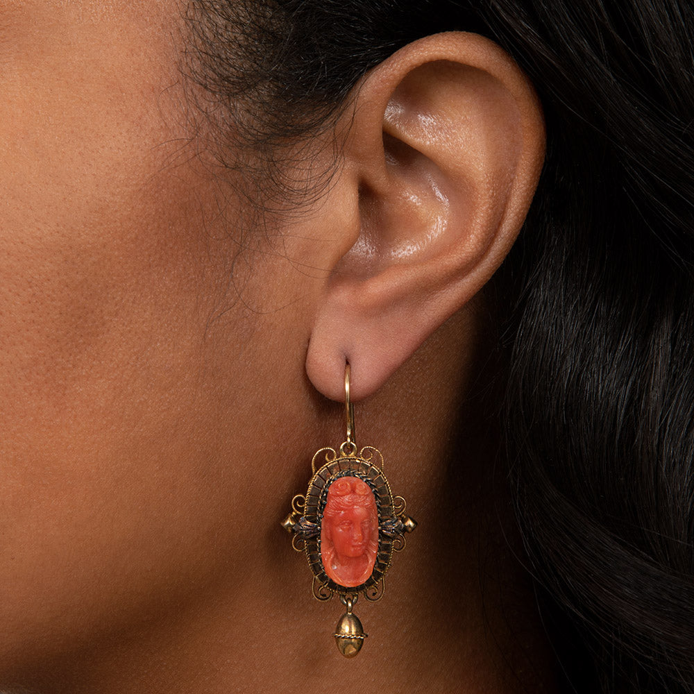 Victorian Coral Cameo Earrings - 4