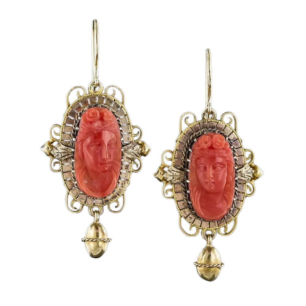 Victorian Coral Cameo Earrings - 3