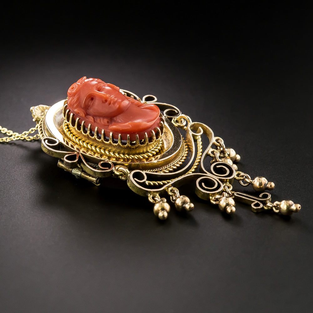 Victorian Coral Cameo Pendant/Brooch and Earrings - 11
