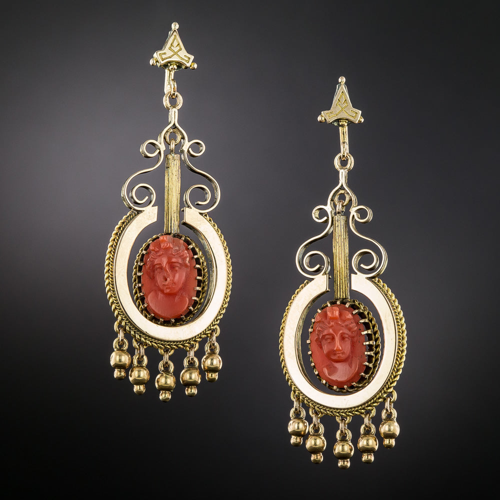 Victorian Coral Cameo Pendant/Brooch and Earrings - 12
