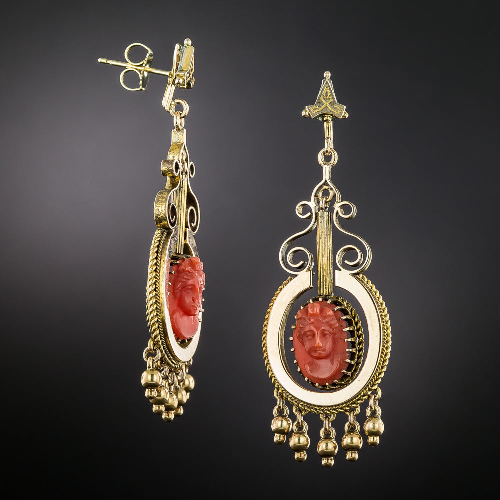 Victorian Coral Cameo Pendant/Brooch and Earrings - 13