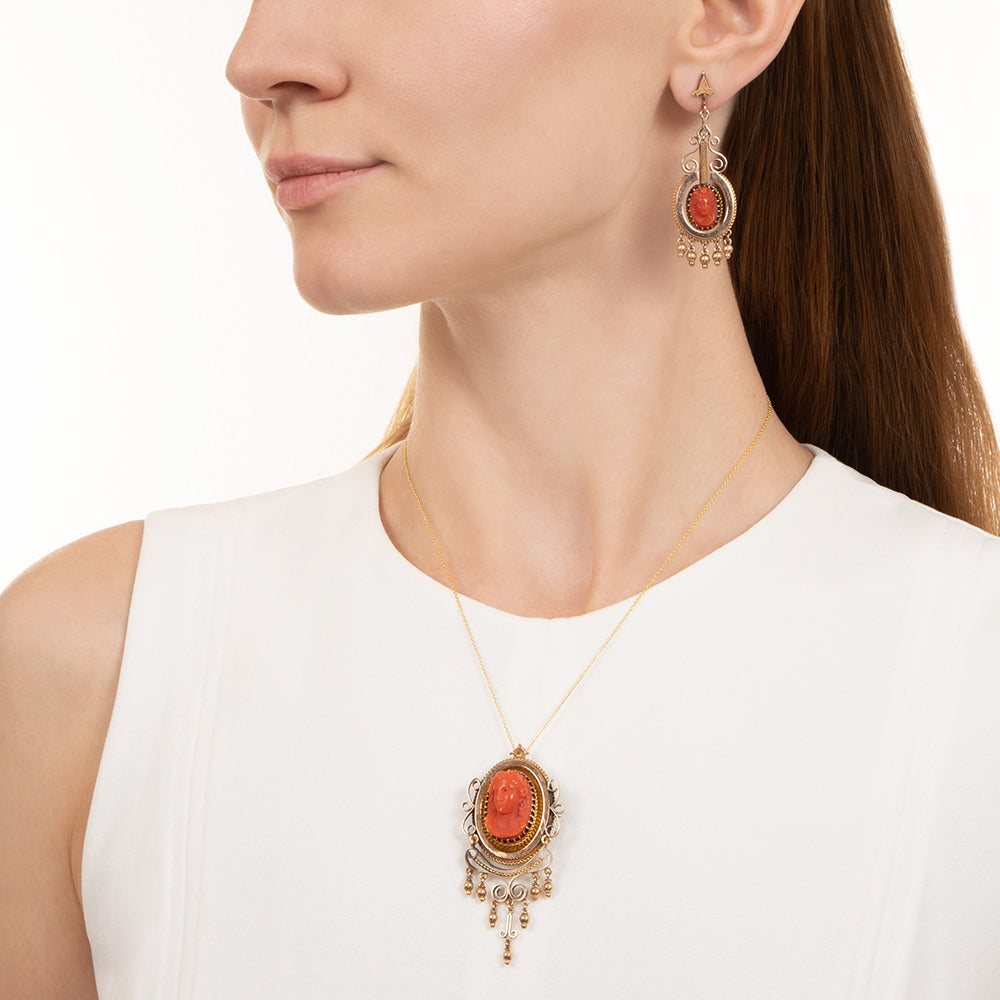 Victorian Coral Cameo Pendant/Brooch and Earrings - 14