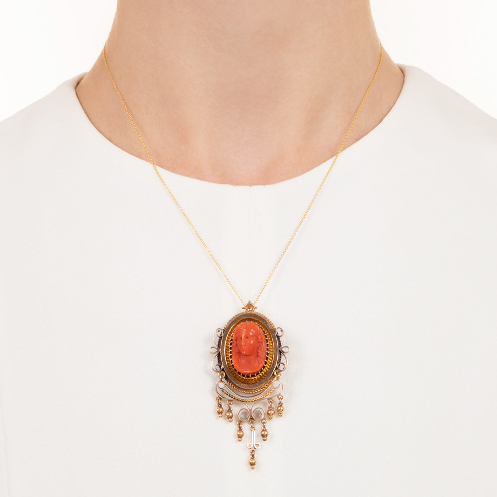 Victorian Coral Cameo Pendant/Brooch and Earrings - 15