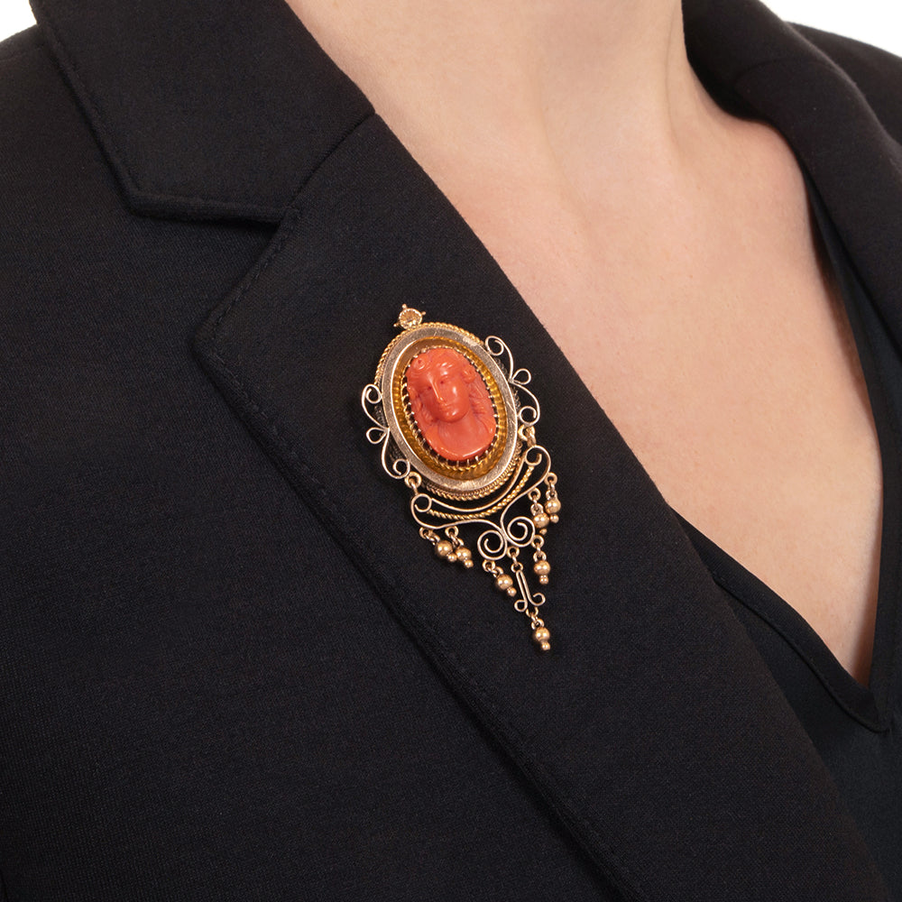 Victorian Coral Cameo Pendant/Brooch and Earrings - 17