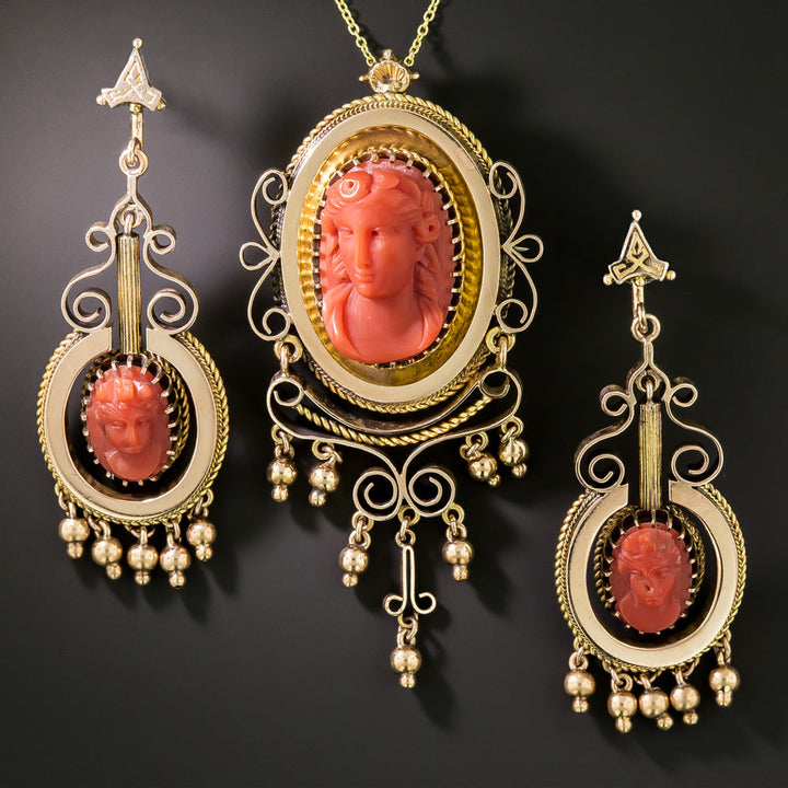Victorian Coral Cameo Pendant/Brooch and Earrings