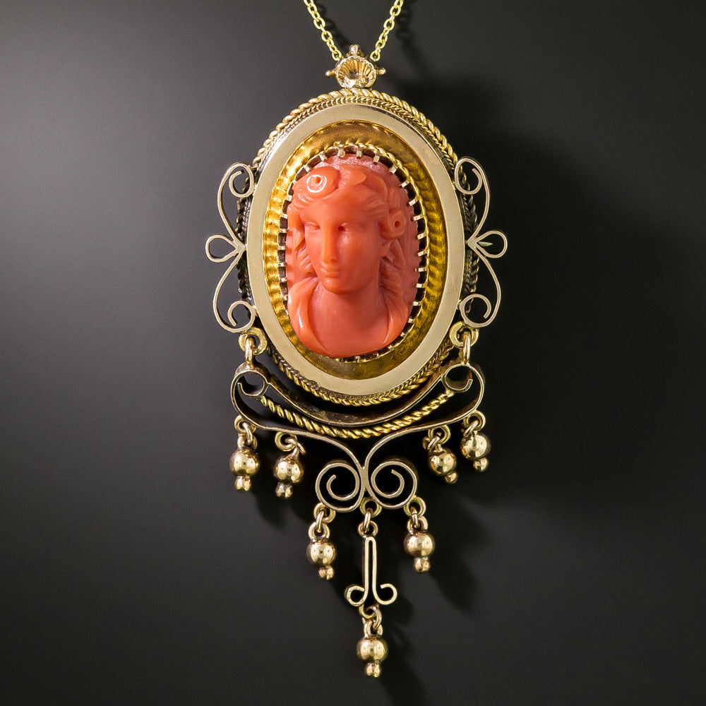 Victorian Coral Cameo Pendant/Brooch and Earrings - 9