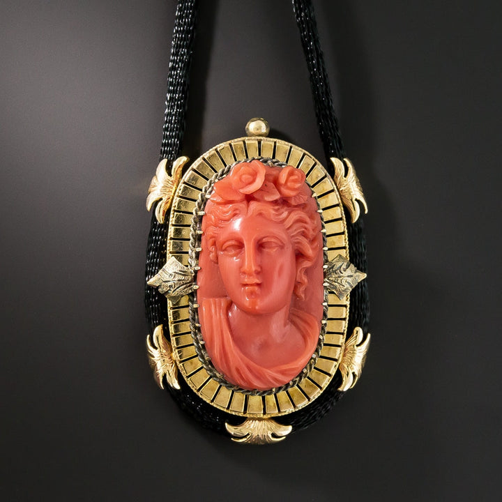 Victorian Coral Cameo Pendant Necklace