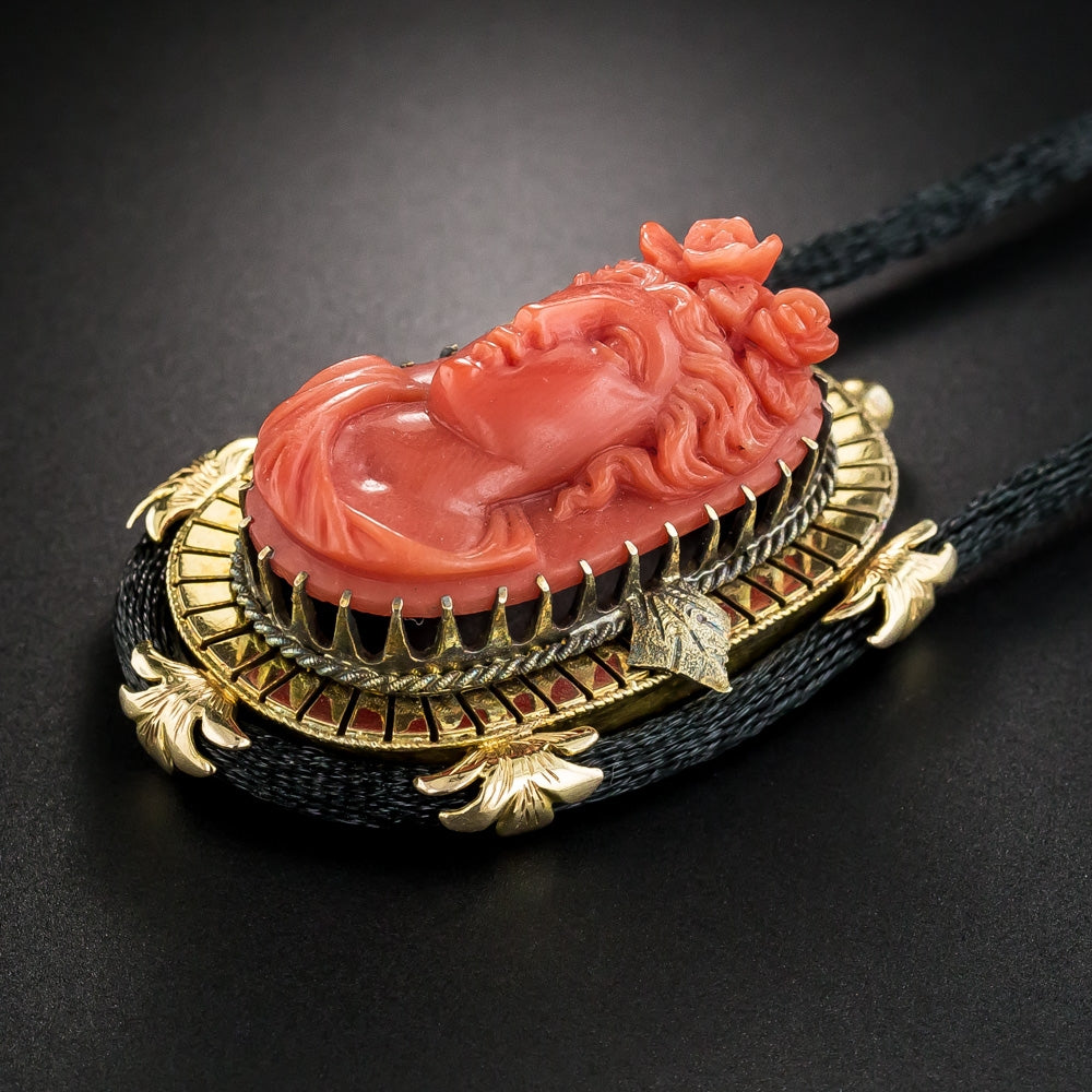 Victorian Coral Cameo Pendant Necklace - 3