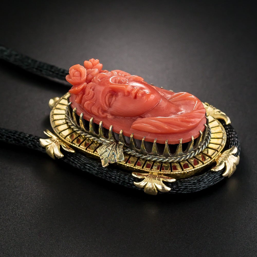 Victorian Coral Cameo Pendant Necklace - 4
