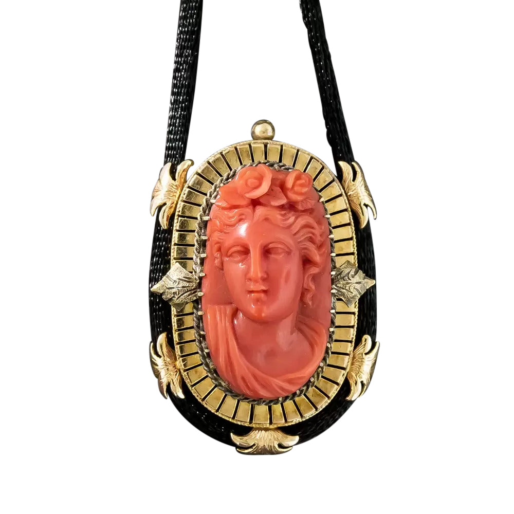 Victorian Coral Cameo Pendant Necklace - 4