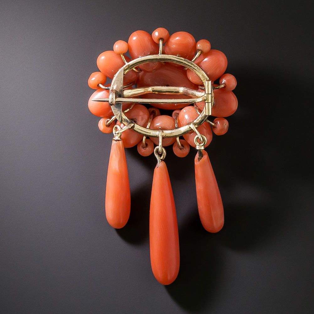 Victorian Coral Cluster And Dangles Brooch - 5