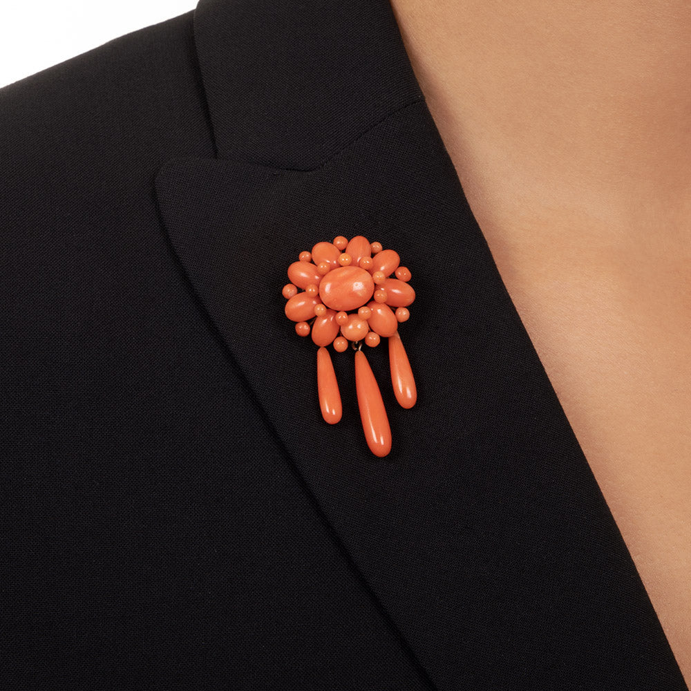 Victorian Coral Cluster And Dangles Brooch - 6