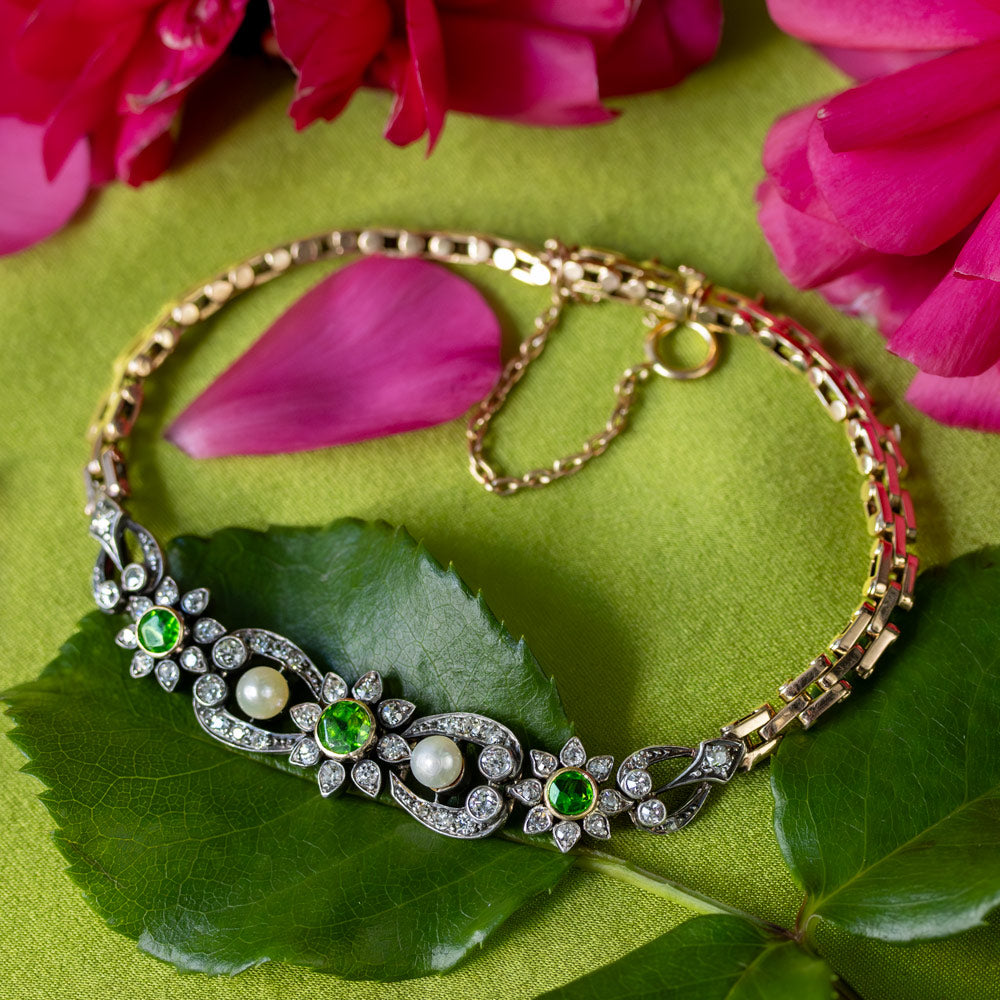 Victorian Demantoid Garnet, Natural Pearl and Diamond Bracelet - 5