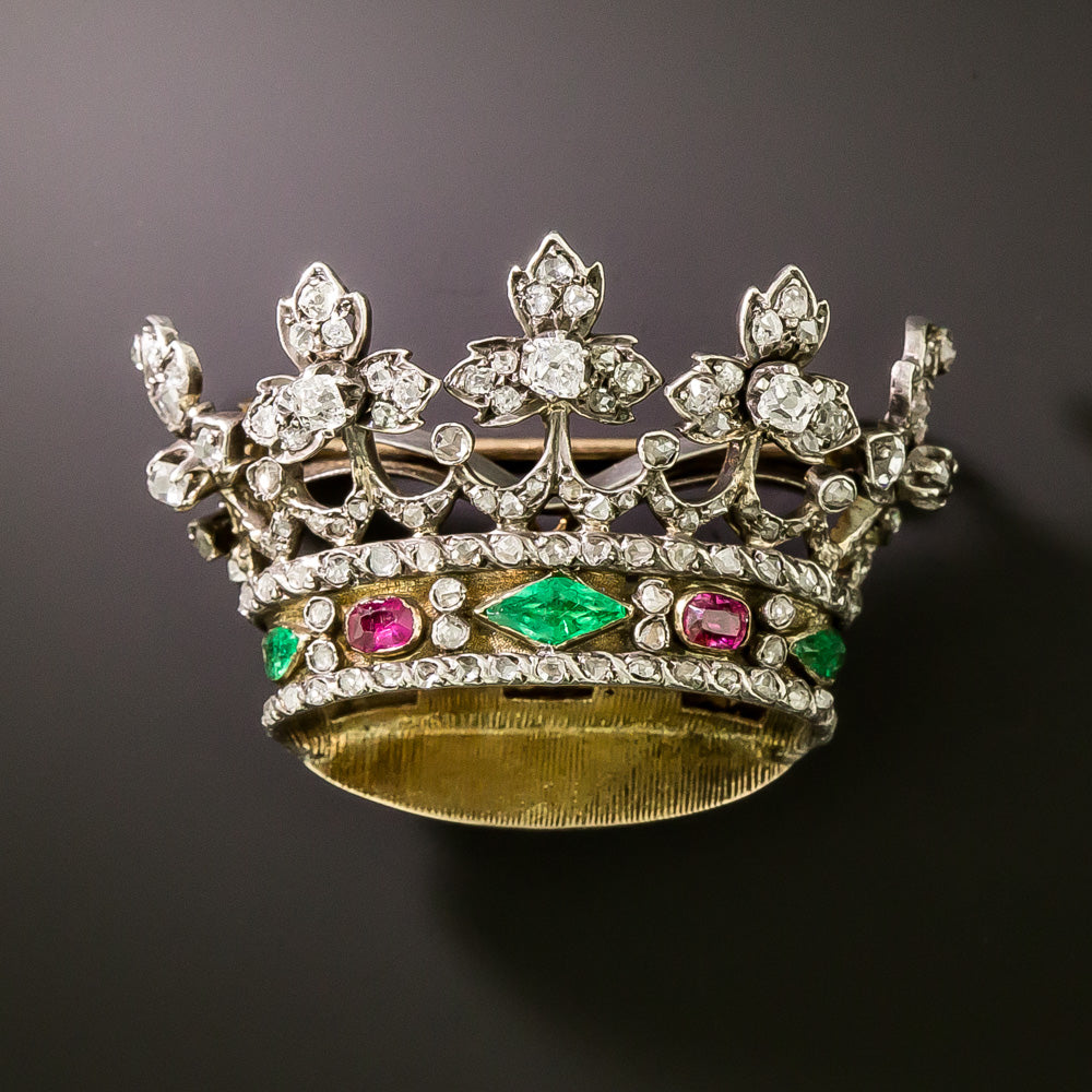 Victorian Diamond and Gemstone Royal Crown Brooch - 1