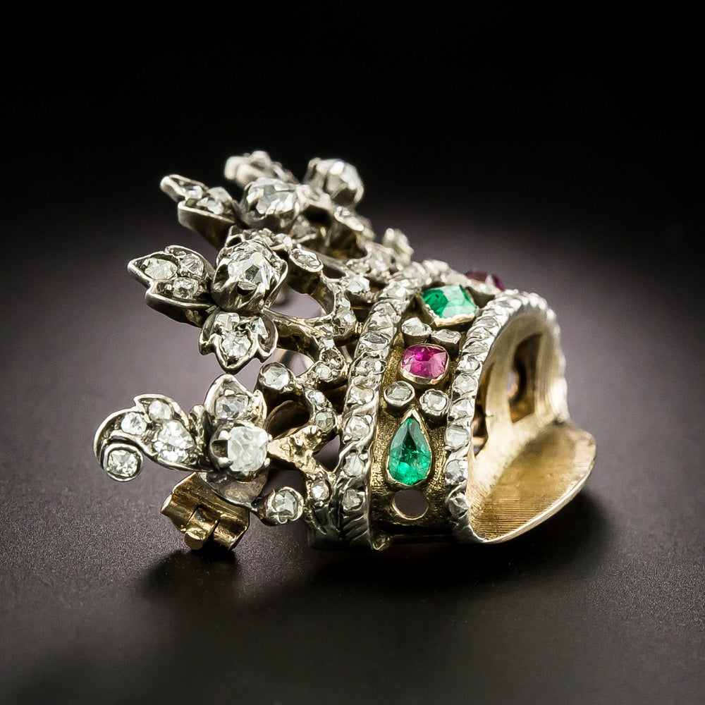 Victorian Diamond and Gemstone Royal Crown Brooch - 3