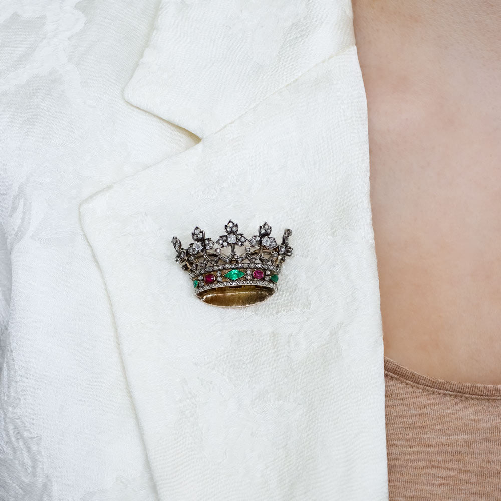 Victorian Diamond and Gemstone Royal Crown Brooch - 4