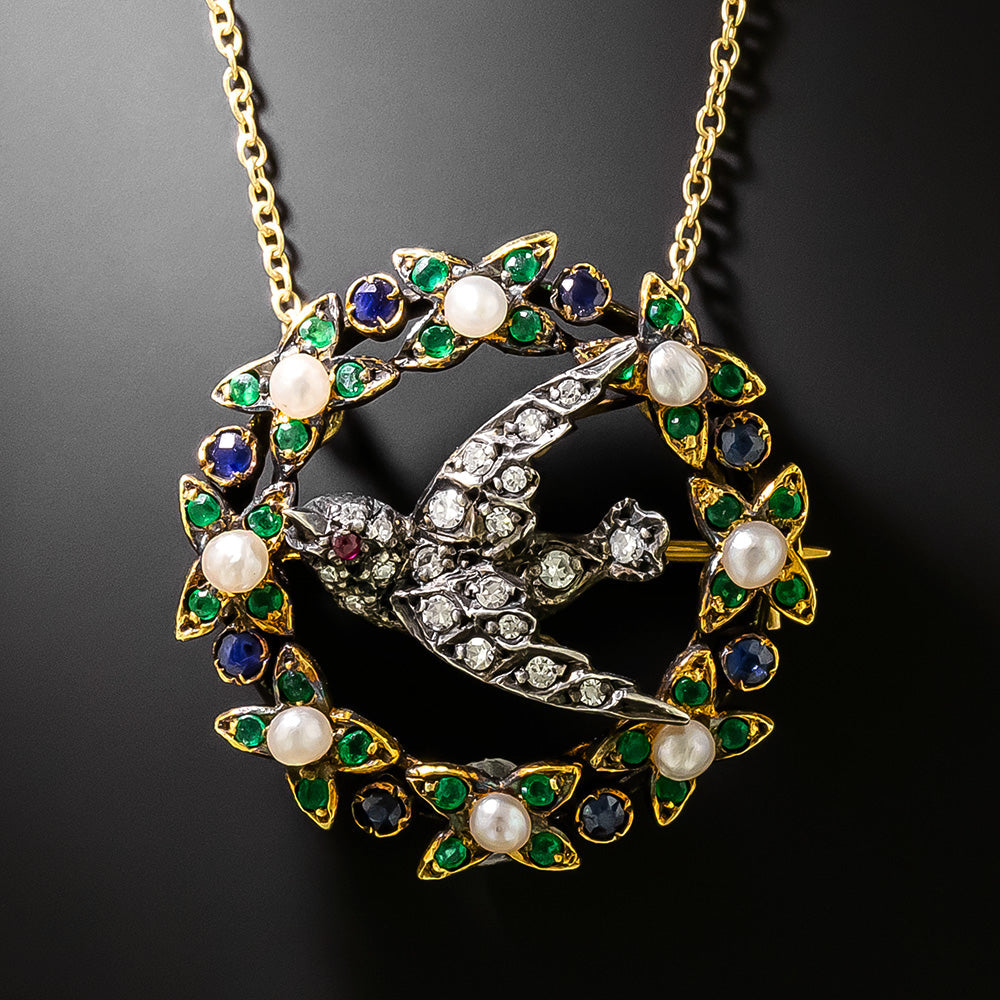Victorian Diamond and Gemstone Swallow Pendant/Brooch - 2