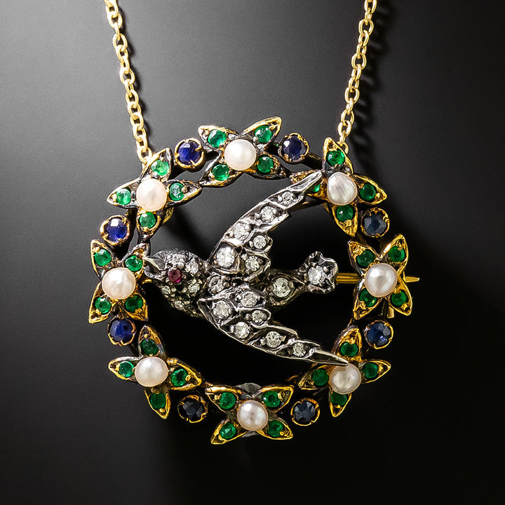 Victorian Diamond and Gemstone Swallow Pendant/Brooch