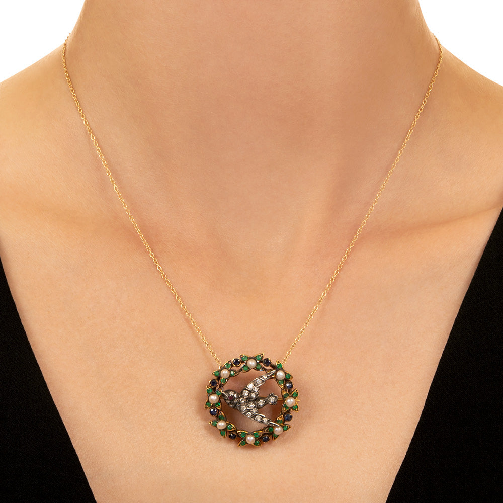 Victorian Diamond and Gemstone Swallow Pendant/Brooch - 4