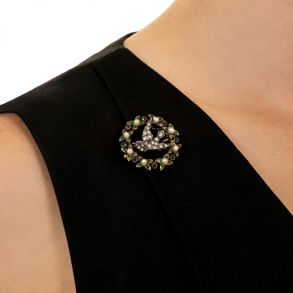 Victorian Diamond and Gemstone Swallow Pendant/Brooch - 5