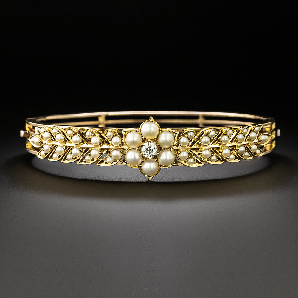 Victorian Diamond and Natural Pearl Bangle Bracelet - 2
