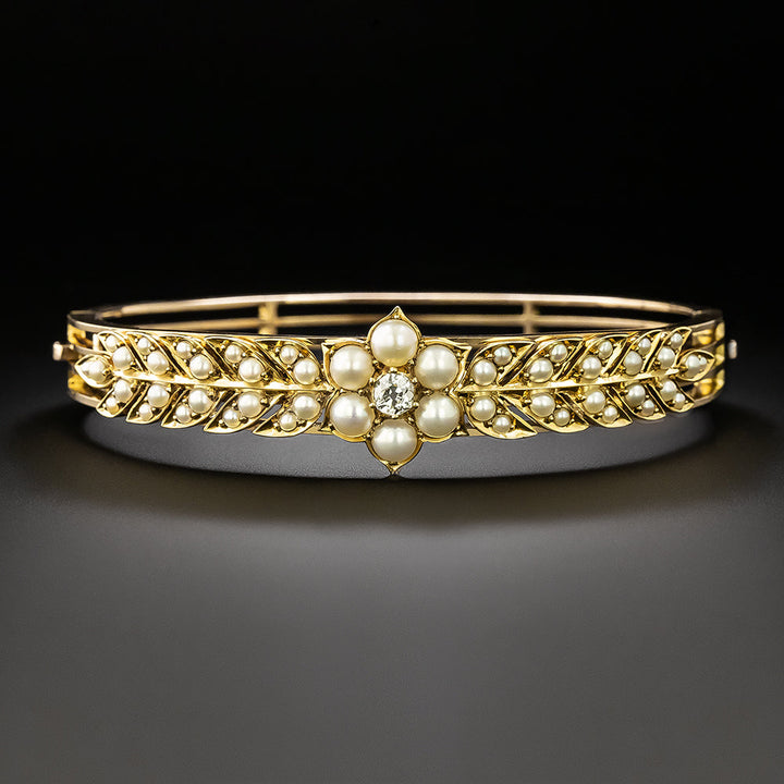 Victorian Diamond and Natural Pearl Bangle Bracelet