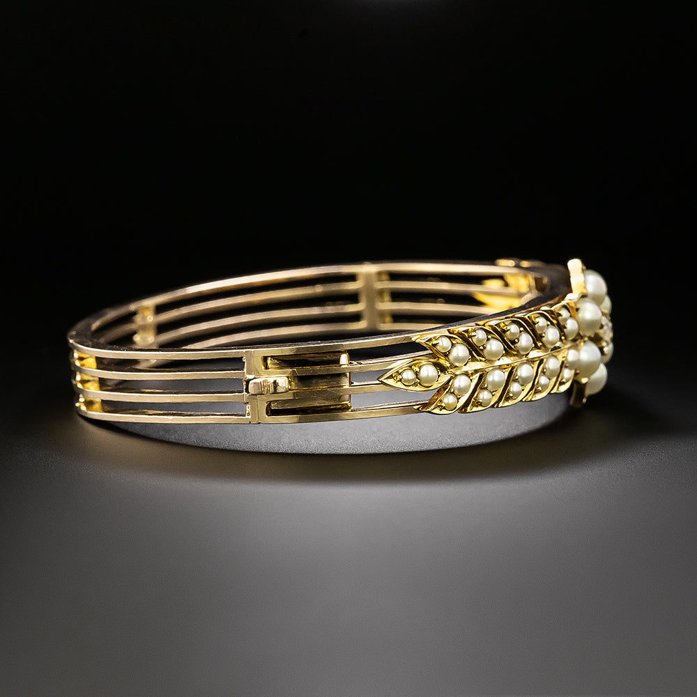Victorian Diamond and Natural Pearl Bangle Bracelet - 3
