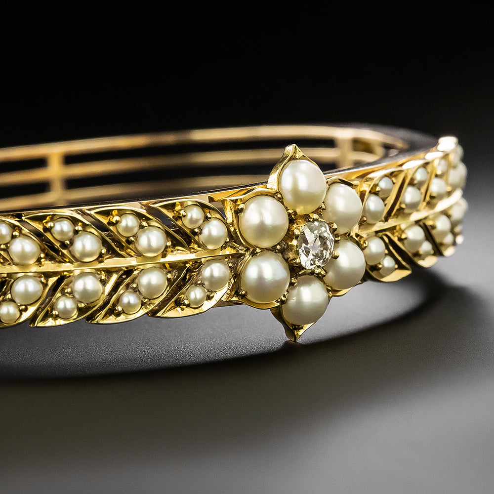Victorian Diamond and Natural Pearl Bangle Bracelet - 4