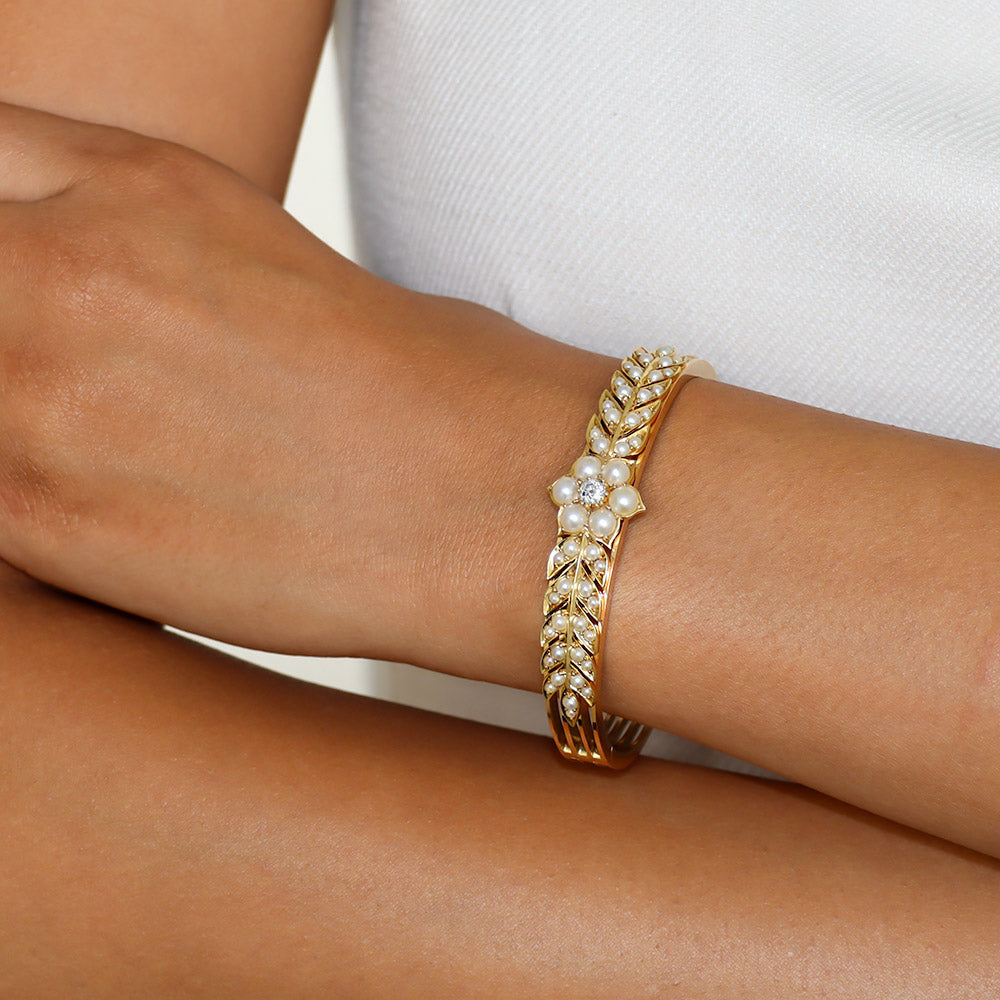 Victorian Diamond and Natural Pearl Bangle Bracelet - 5
