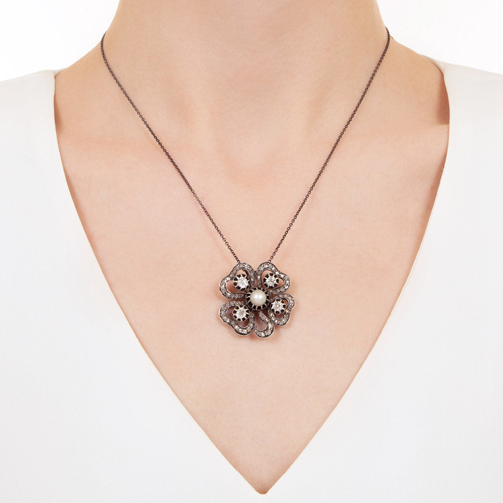 Victorian Diamond and Natural Pearl Clover Pendant - 3